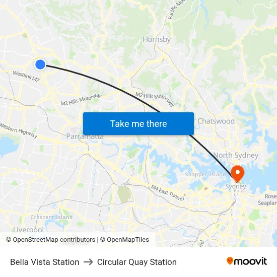 Bella Vista Station to Circular Quay Station map