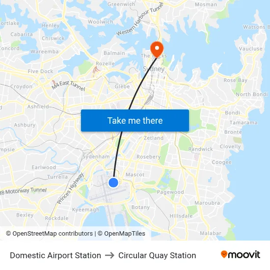 Domestic Airport Station to Circular Quay Station map