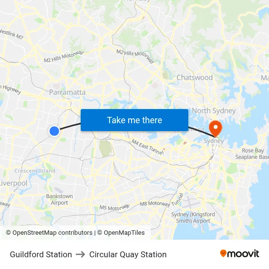 Guildford Station to Circular Quay Station map