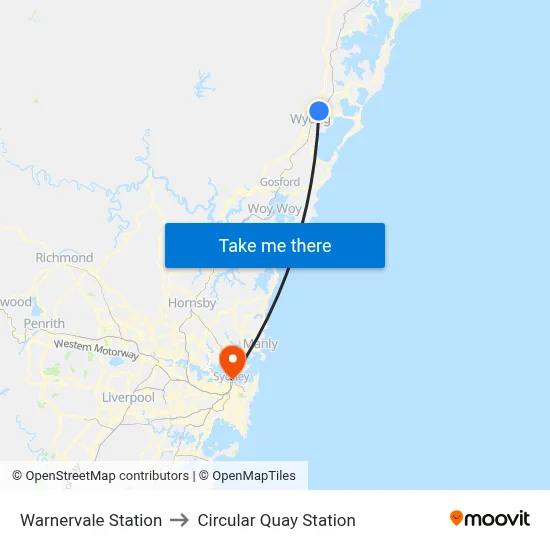 Warnervale Station to Circular Quay Station map