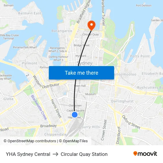 YHA Sydney Central to Circular Quay Station map