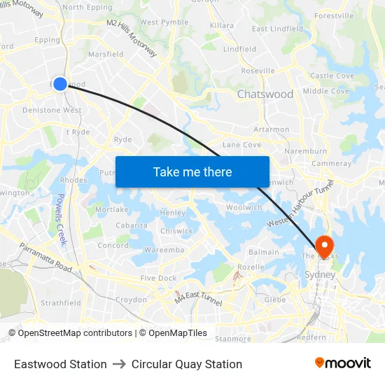Eastwood Station to Circular Quay Station map
