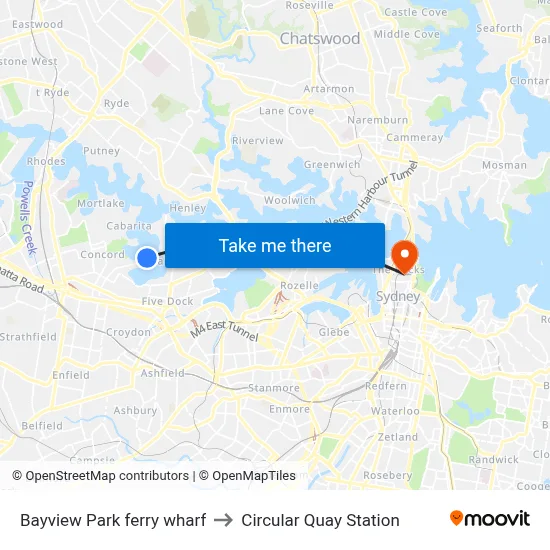 Bayview Park ferry wharf to Circular Quay Station map