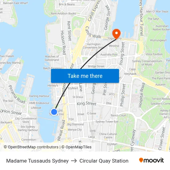 Madame Tussauds Sydney to Circular Quay Station map