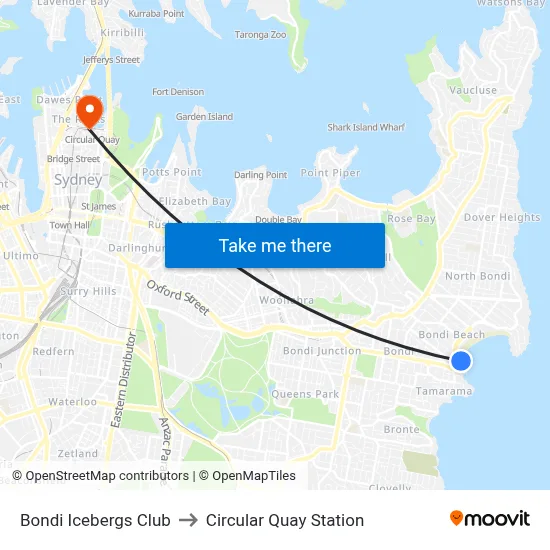 Bondi Icebergs Club to Circular Quay Station map