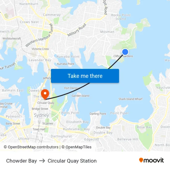 Chowder Bay to Circular Quay Station map