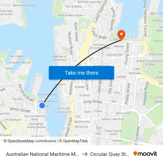 Australian National Maritime Museum to Circular Quay Station map