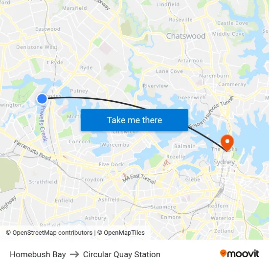 Homebush Bay to Circular Quay Station map
