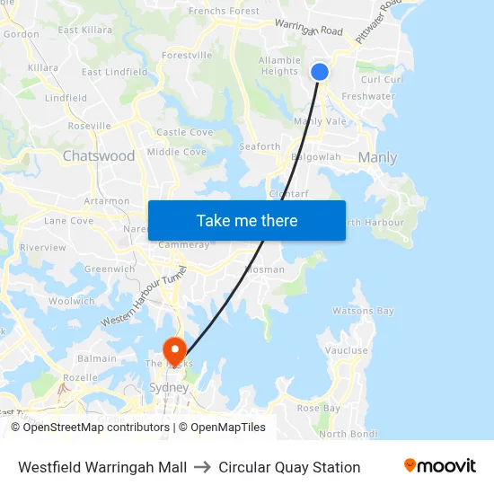 Westfield Warringah Mall to Circular Quay Station map