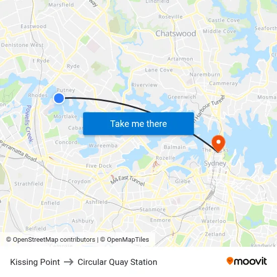 Kissing Point to Circular Quay Station map