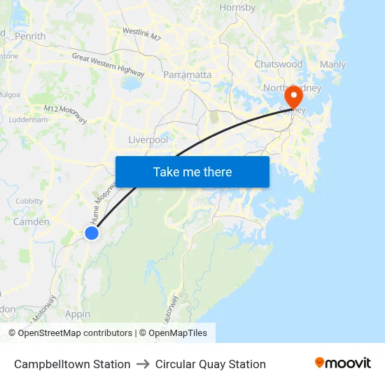 Campbelltown Station to Circular Quay Station map