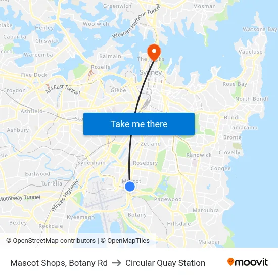 Mascot Shops, Botany Rd to Circular Quay Station map