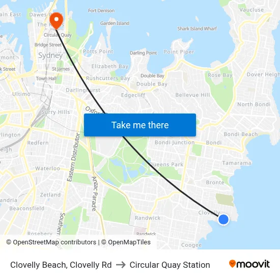 Clovelly Beach, Clovelly Rd to Circular Quay Station map