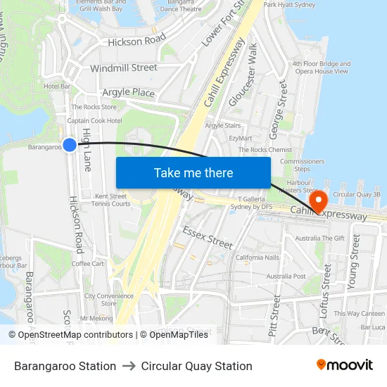 Barangaroo Station to Circular Quay Station map