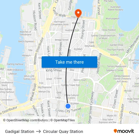 Gadigal Station to Circular Quay Station map