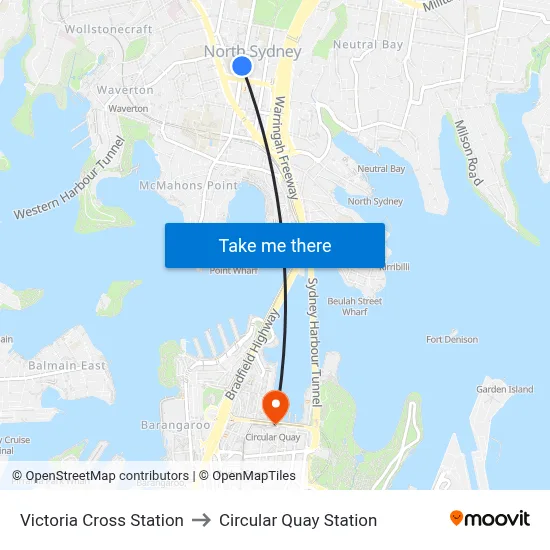 Victoria Cross Station to Circular Quay Station map