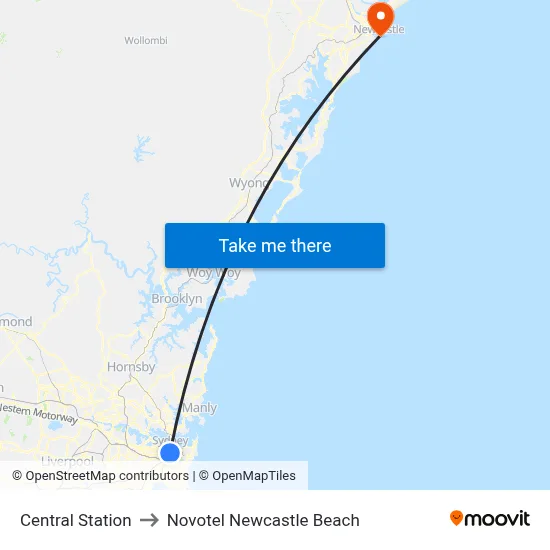 Central Station to Novotel Newcastle Beach map