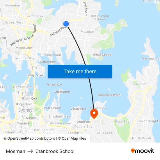 Mosman to Cranbrook School map