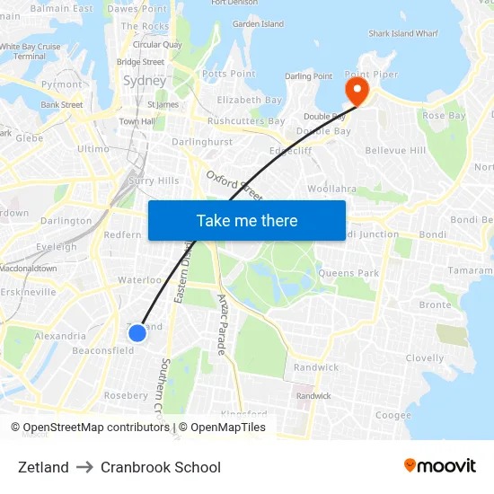 Zetland to Cranbrook School map