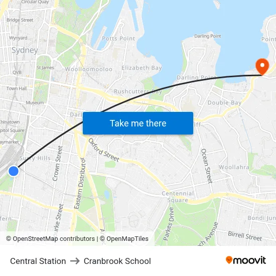 Central Station to Cranbrook School map