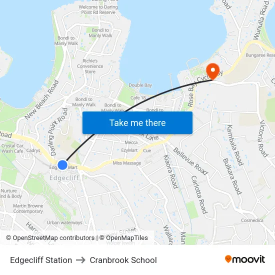 Edgecliff Station to Cranbrook School map