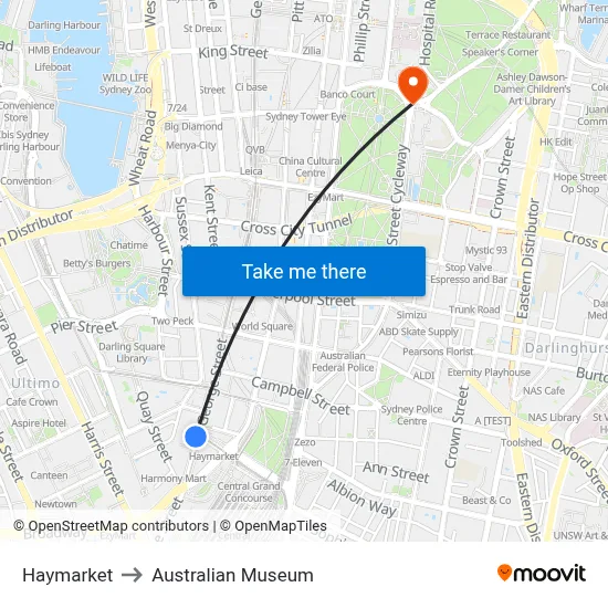 Haymarket to Australian Museum map