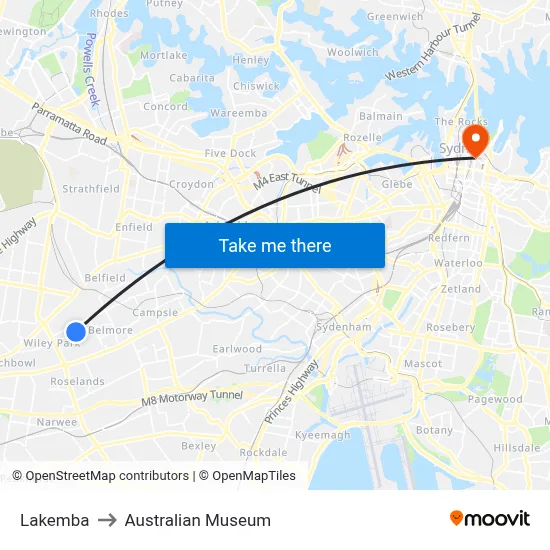 Lakemba to Australian Museum map