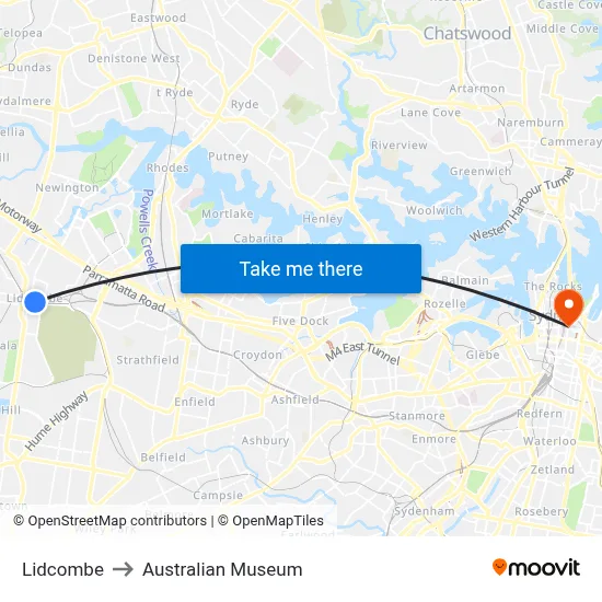 Lidcombe to Australian Museum map