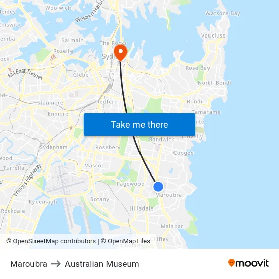 Maroubra to Australian Museum map