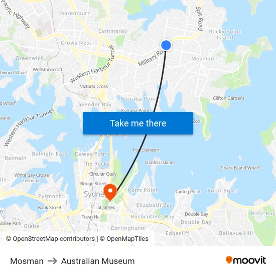 Mosman to Australian Museum map