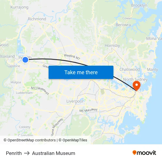 Penrith to Australian Museum map