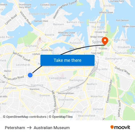 Petersham to Australian Museum map