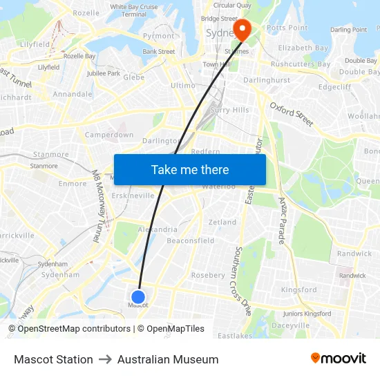 Mascot Station to Australian Museum map