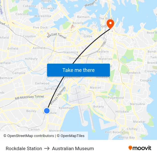 Rockdale Station to Australian Museum map