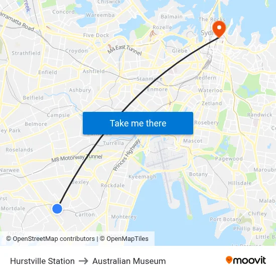 Hurstville Station to Australian Museum map