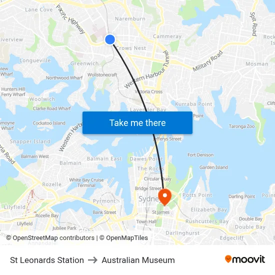 St Leonards Station to Australian Museum map