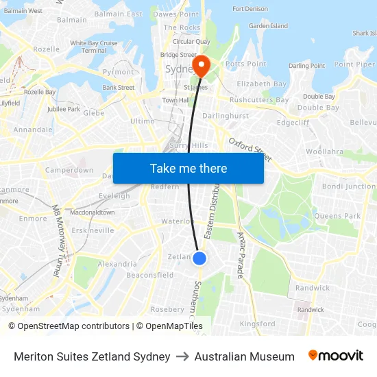 Meriton Suites Zetland Sydney to Australian Museum map