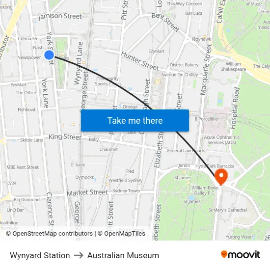 Wynyard Station to Australian Museum map