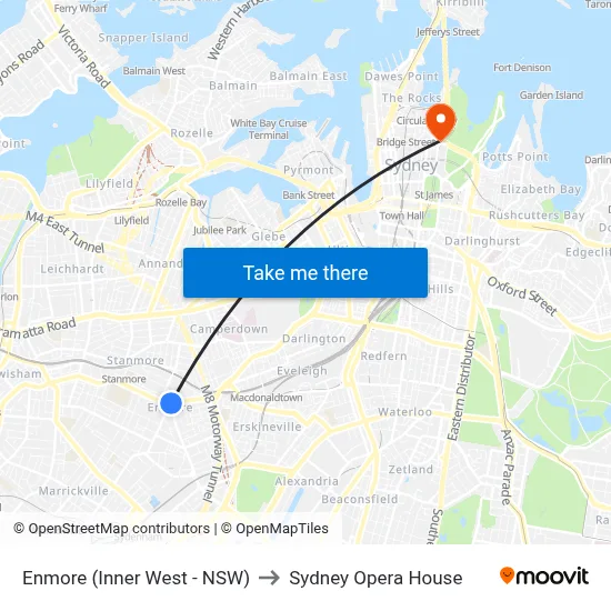Enmore (Inner West - NSW) to Sydney Opera House map