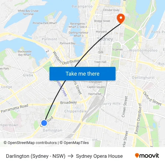 Darlington (Sydney - NSW) to Sydney Opera House map