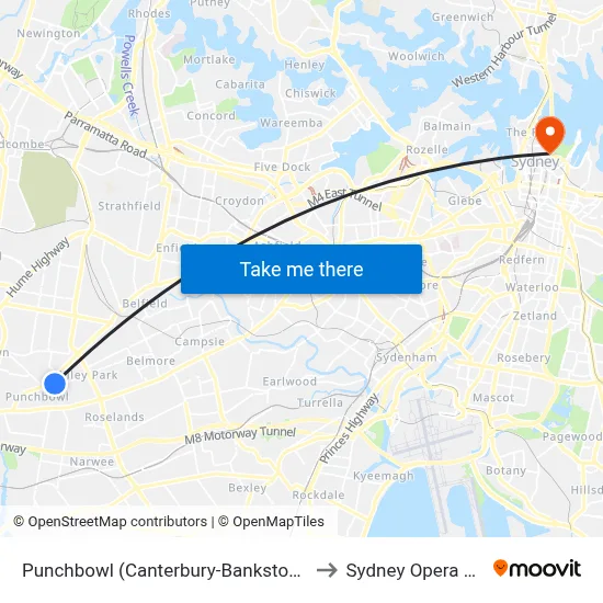 Punchbowl (Canterbury-Bankstown - NSW) to Sydney Opera House map