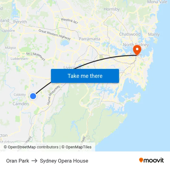 Oran Park to Sydney Opera House map