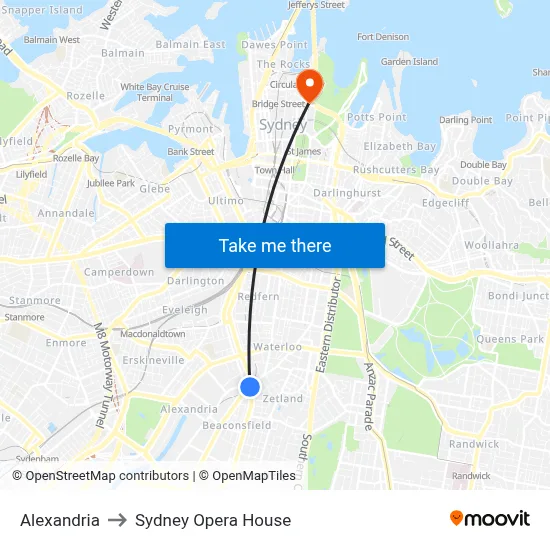 Alexandria to Sydney Opera House map