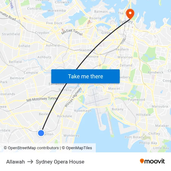 Allawah to Sydney Opera House map
