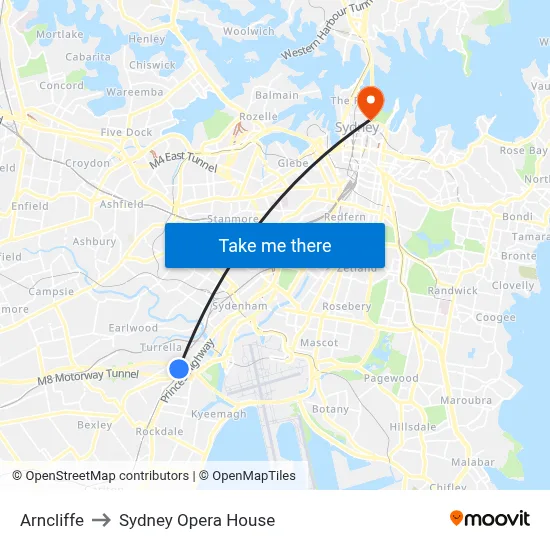 Arncliffe to Sydney Opera House map