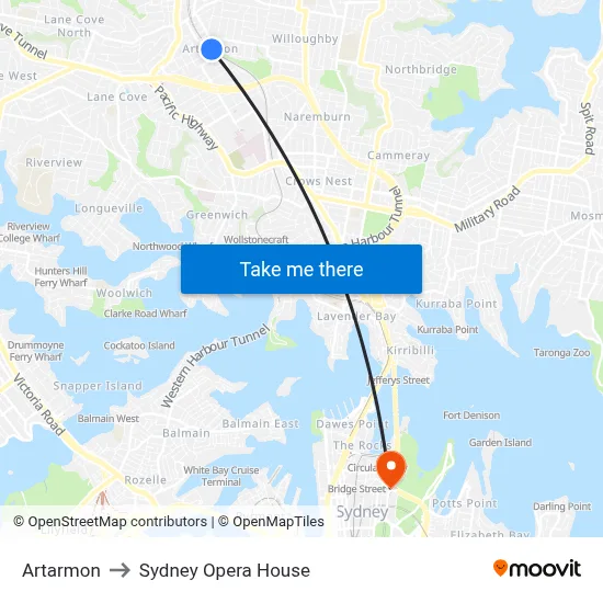 Artarmon to Sydney Opera House map