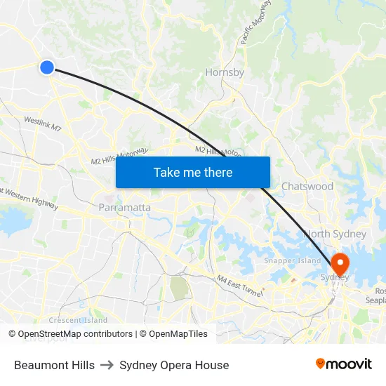 Beaumont Hills to Sydney Opera House map