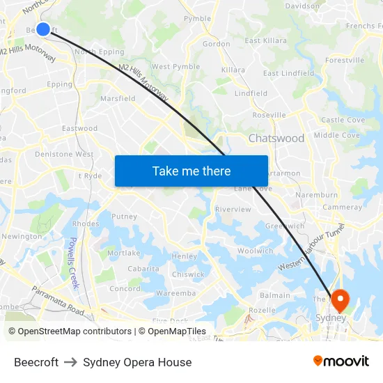 Beecroft to Sydney Opera House map
