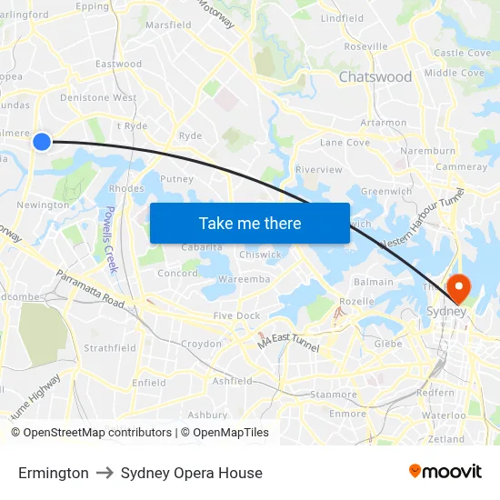 Ermington to Sydney Opera House map