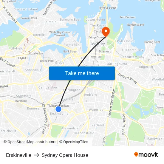 Erskineville to Sydney Opera House map